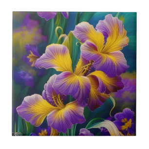 Iris Floral Lila und goldblaugrüne Blätter Fliese