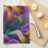 Iris Floral Lila und goldblaugrüne Blätter Geschirrtuch (Viertel Falte)