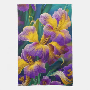 Iris Floral Lila und goldblaugrüne Blätter Geschirrtuch