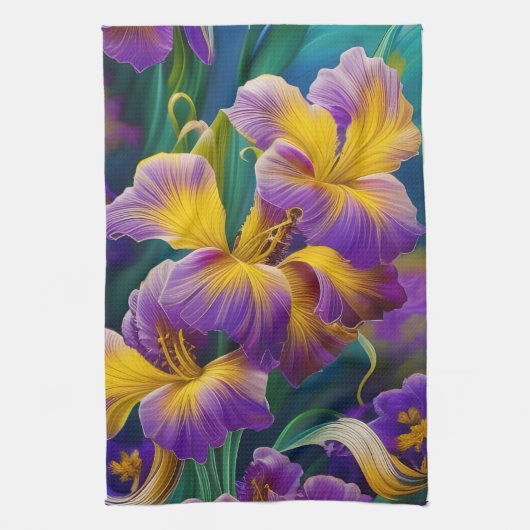 Iris Floral Lila und goldblaugrüne Blätter Geschirrtuch (Vertikal)