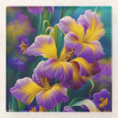 Iris Floral Lila und goldblaugrüne Blätter Glasuntersetzer (Vorderseite)