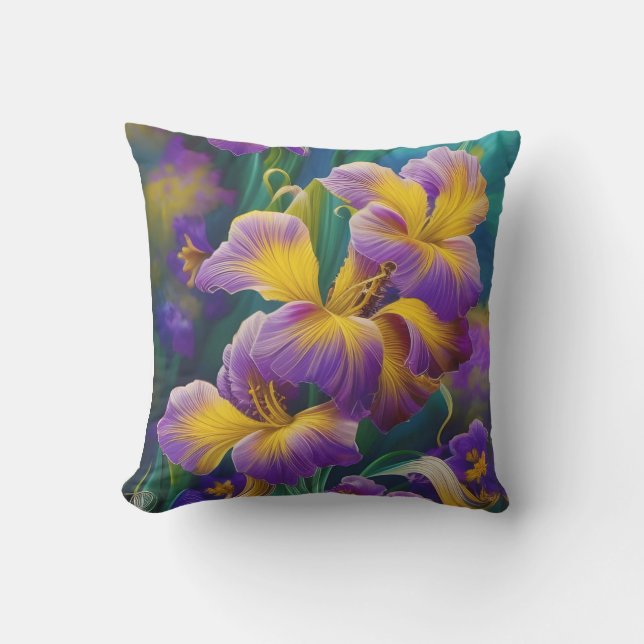 Iris Floral Lila und goldblaugrüne Blätter Kissen (Vorderseite)