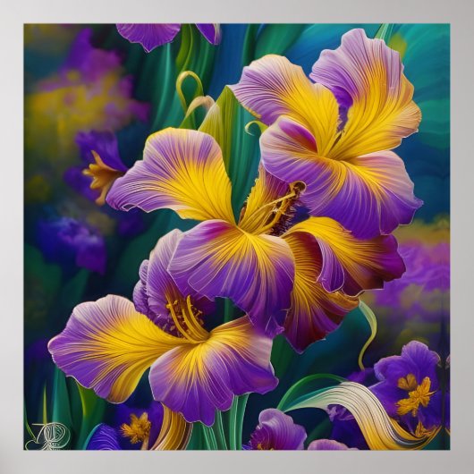 Iris Floral Lila und goldblaugrüne Blätter Poster (Vorne)