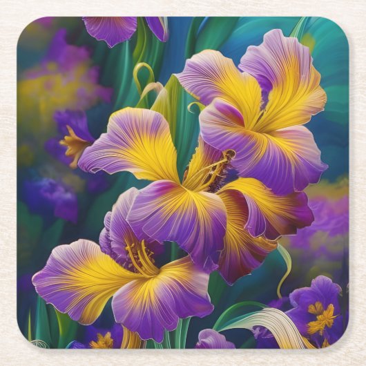 Iris Floral Lila und goldblaugrüne Blätter Rechteckiger Pappuntersetzer (Vorderseite)