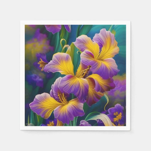 Iris Floral Lila und goldblaugrüne Blätter Serviette (Vorderseite)