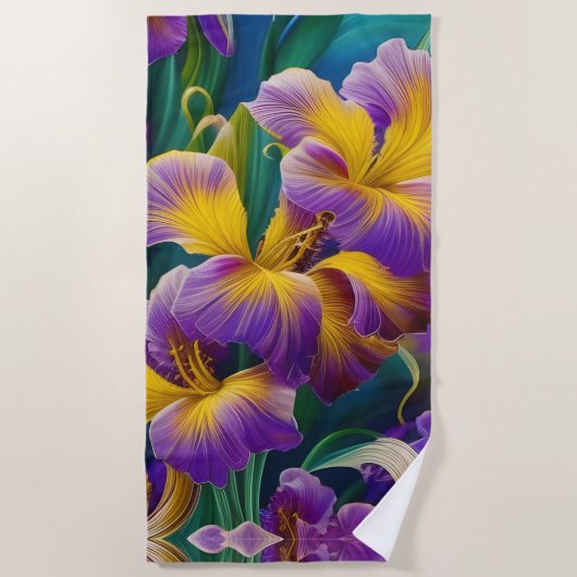 Iris Floral Lila und goldblaugrüne Blätter Strandtuch (Vorderseite)