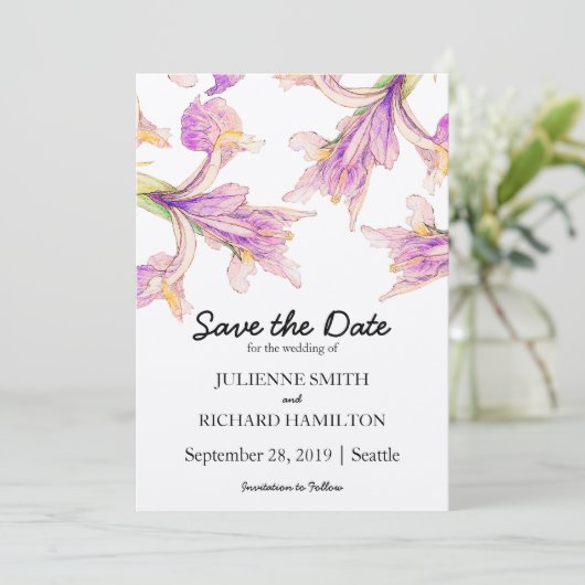 Iris floral Moderne botanische Hochzeit retten Dat Save The Date (Stehend Vorderseite)