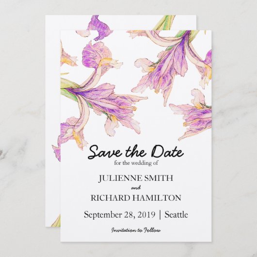Iris floral Moderne botanische Hochzeit retten Dat Save The Date (Vorne/Hinten)