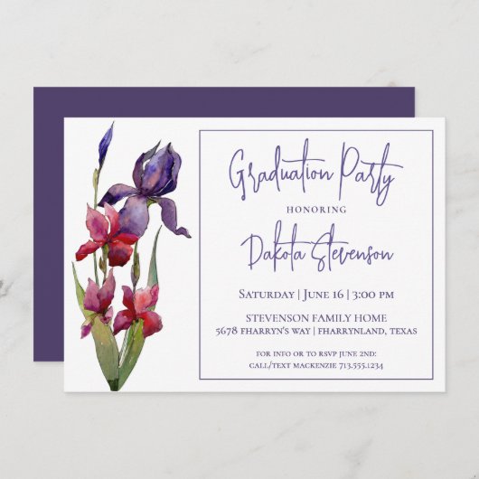 Iris Graduation Party | Lila violette Blume Einladung (Vorne/Hinten)