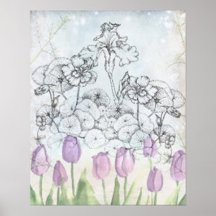 Iris Lila Tulip Watercolor Blume Collage Poster
