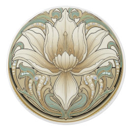 Iris Lily Sage Green Cream Gold Art Deco Nouveau Keramikknauf