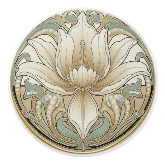 Iris Lily Sage Green Cream Gold Art Deco Nouveau Keramikknauf (Vorderseite)