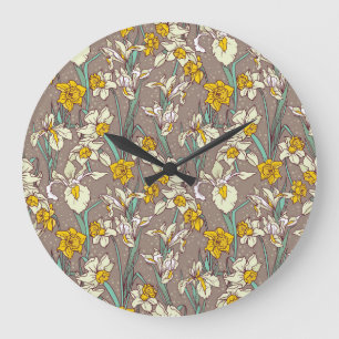 Iris Narcissus Blume Vintag Nahtlos Große Wanduhr