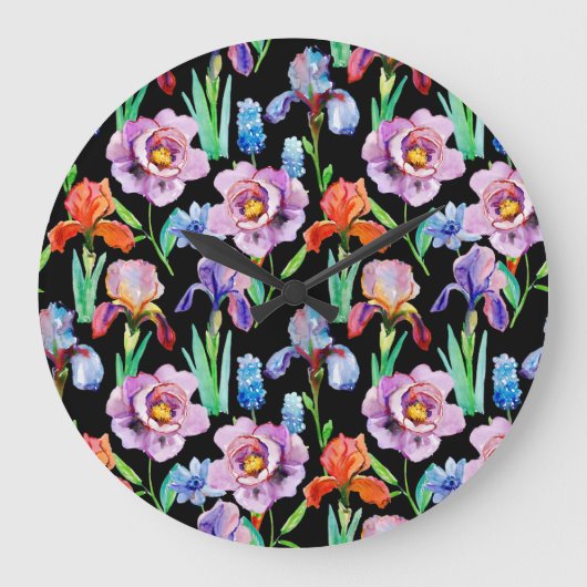 Iris Peony Watercolor Floral Pattern Große Wanduhr (Vorderseite)
