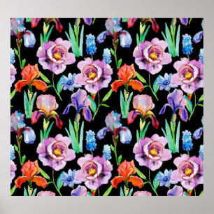 Iris Peony Watercolor Floral Pattern Poster