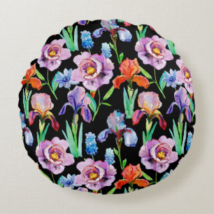 Iris-Pfingstrose-Wasserfarben-Blumenmuster Rundes Kissen