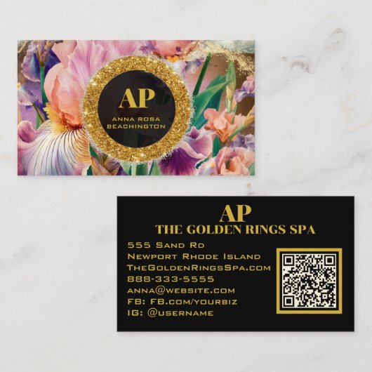 *~ Iris QR Pink AP10 Blume Gold Business Card Visitenkarte (Vorne/Hinten)