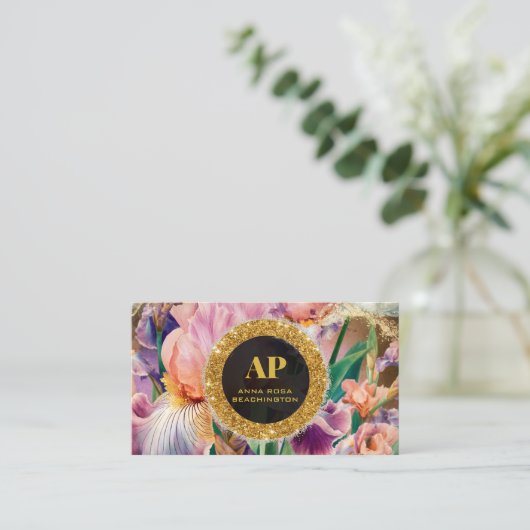*~ Iris QR Pink AP10 Blume Gold Business Card Visitenkarte (Stehend Vorderseite)