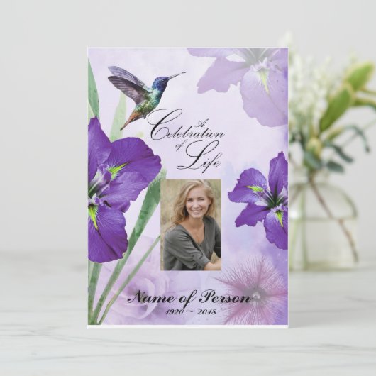 Iris-und Kolibri-Feier des Leben-Begräbnisses Einladung (Stehend Vorderseite)