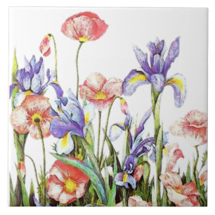 Iris- und Mohnblumen Aquarell-Blumen Fliese