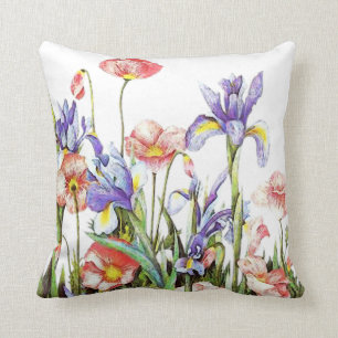 Iris- und Mohnblumen Aquarell-Blumen Kissen