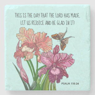 Iris und Schmetterling mit Vers von Psalm 118:24 Steinuntersetzer
