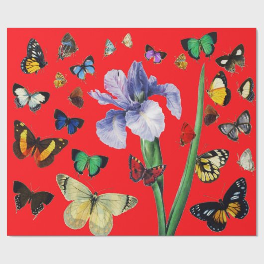 IRIS UNTER DEN FARBHAFTEN BUTTERFLIS Rote Flora Geschenkpapier (Flach)