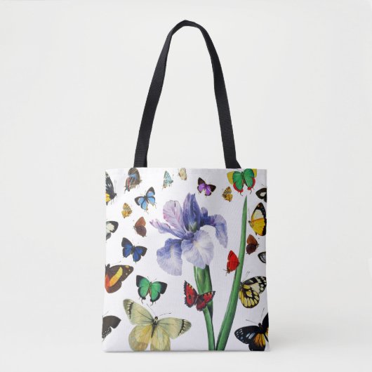 IRIS UNTER DEN FARBSCHÜTTERFLIESSEN Weiße Blüte Tasche (Vorderseite)
