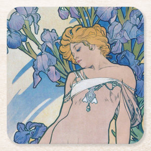 Iris (vier Blume), Alphonse Mucha Rechteckiger Pappuntersetzer