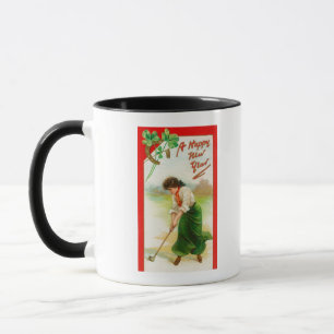 Irische Frau ungefähr, zum des Golfballes zu Tasse