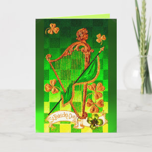 IRISCHE HARFE, GRÜNE GOLDENE KLEEBLÄTTER St. Patri Karte