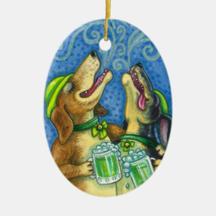 IRISCHE HOUND HUNDE, ST. PATRICK'S DAY GRÜNES BIER KERAMIK ORNAMENT