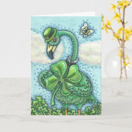 Irischer grüner Flamingo GLÜCKLICHEN ST PATRICK Karte (Gelbe Blume)