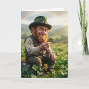 Irischer Leprechaun bewundert eine Goldmünze Karte