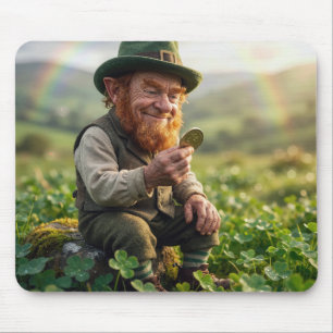 Irischer Leprechaun bewundert eine Goldmünze Mousepad