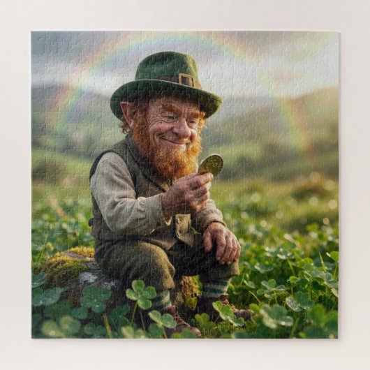 Irischer Leprechaun bewundert eine Goldmünze Puzzle (Vertikal)