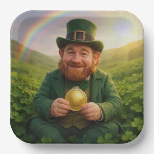 Irischer Leprechaun mit Goldmünze und Regenbogen Pappteller (Vorderseite)