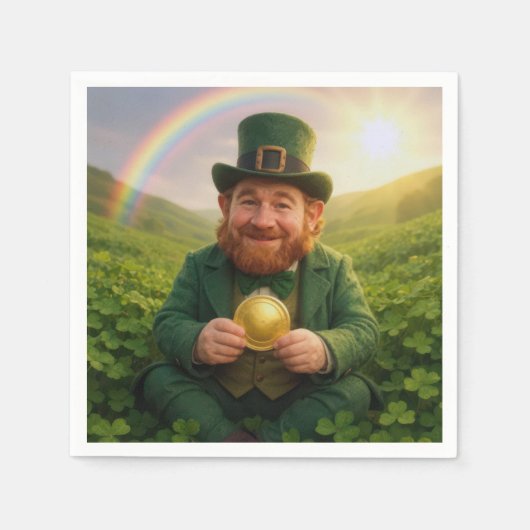 Irischer Leprechaun mit Goldmünze und Regenbogen Serviette (Vorderseite)
