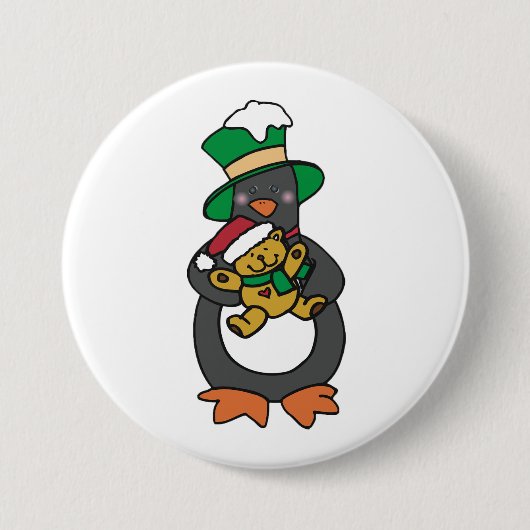 Irischer Pinguin hält Weihnachts-Teddybär Button (Vorderseite)
