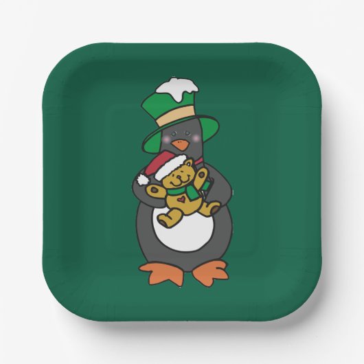 Irischer Pinguin hält Weihnachts-Teddybär Pappteller (Vorderseite)