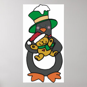 Irischer Pinguin hält Weihnachts-Teddybär Poster