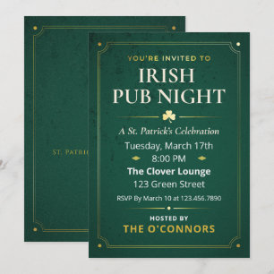 Irischer Pub-Abend Gold & Grün Vintage St. Patrick Einladung