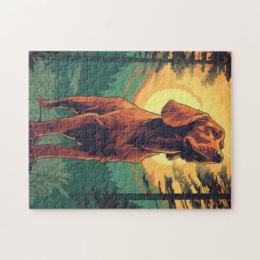 Irischer Setter im Wald bei Sonnenuntergang Puzzle (Horizontal)