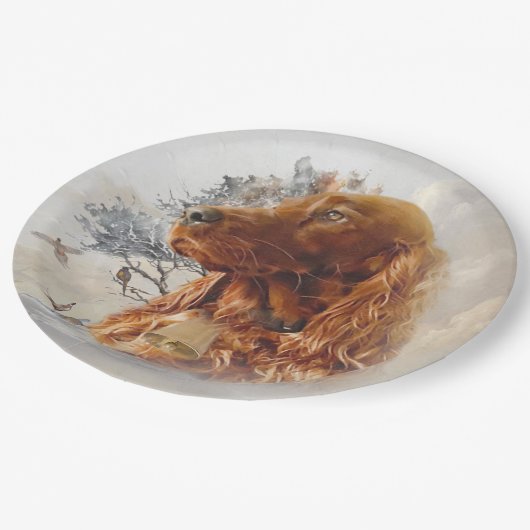 irischer Setter mit Fasant Pappteller (Schrägansicht)