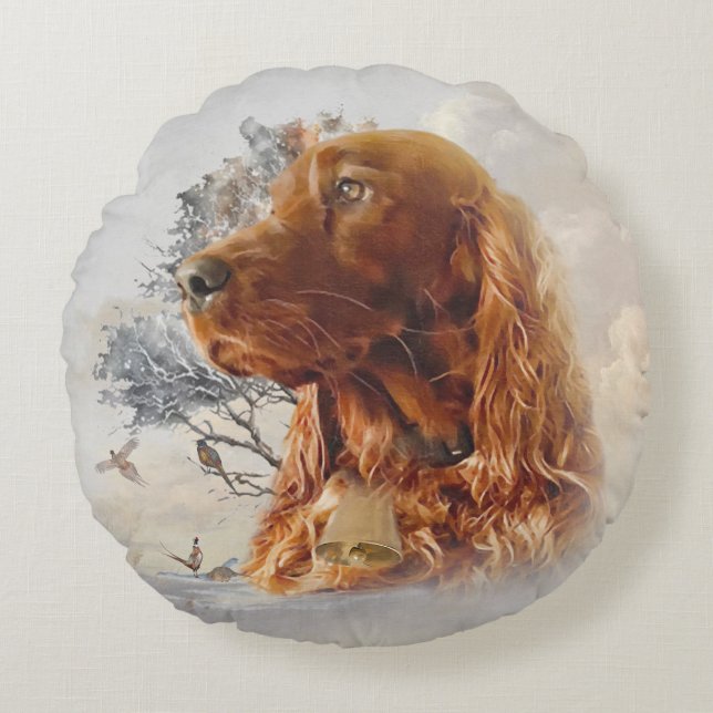 irischer Setter mit Fasant Rundes Kissen (Vorderseite)