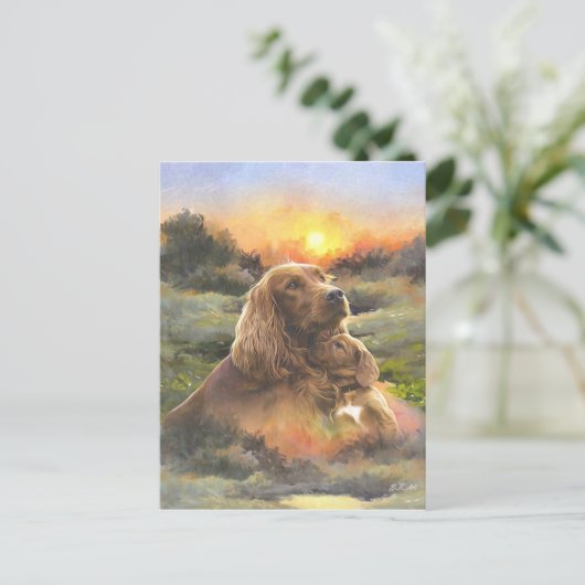 irischer Setter mit Welpe Postkarte (Stehend Vorderseite)