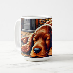 Irischer Setter-Welpe schläft neben einem warmen K Kaffeetasse
