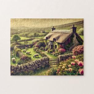 Irisches Cottage-Puzzle, Vintage-Landschaftsszene Puzzle