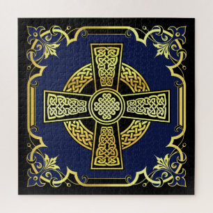 Irisches keltisches Kreuz/Schwarz/Gold/Blau extrav Puzzle