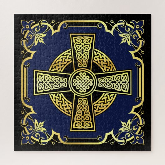 Irisches keltisches Kreuz/Schwarz/Gold/Blau extrav Puzzle (Vertikal)